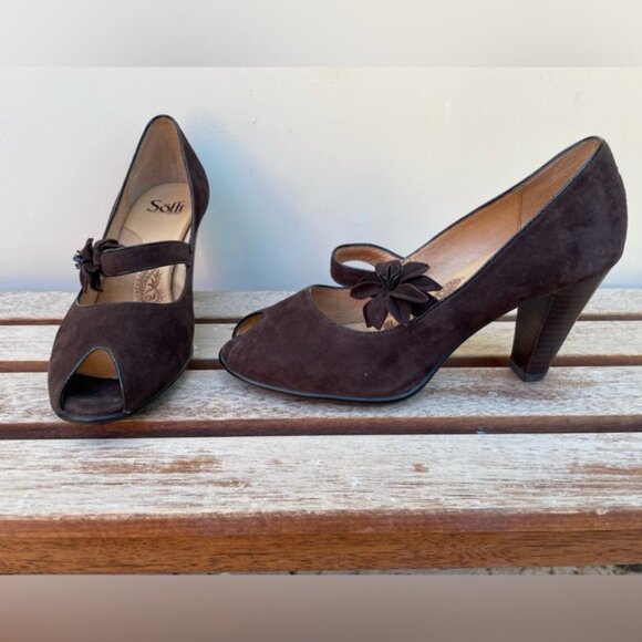 Sofft Women's Retro Geva Brown Suede Peep Toe Mary Jane Pumps Size 9W - Picture 5 of 13